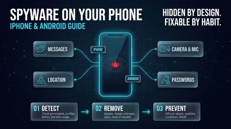 Infographic of spyware on a phone stealing messages, location and passwords, with a detect, remove, prevent flow.