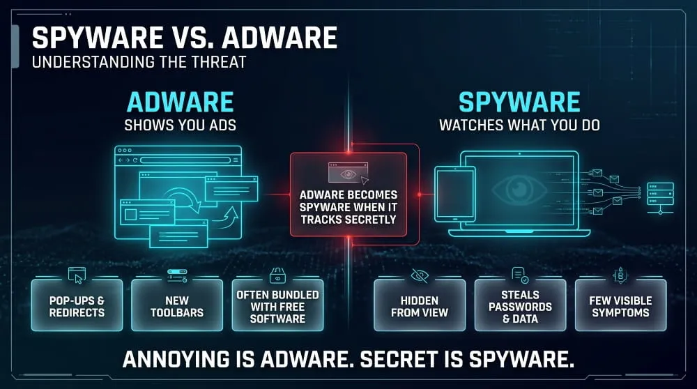 Split diagram comparing adware that shows ads with spyware that secretly collects data, plus where they overlap.