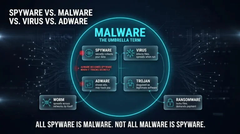 Diagram showing malware as the umbrella term, with spyware, virus, adware, trojan, worm and ransomware beneath it.