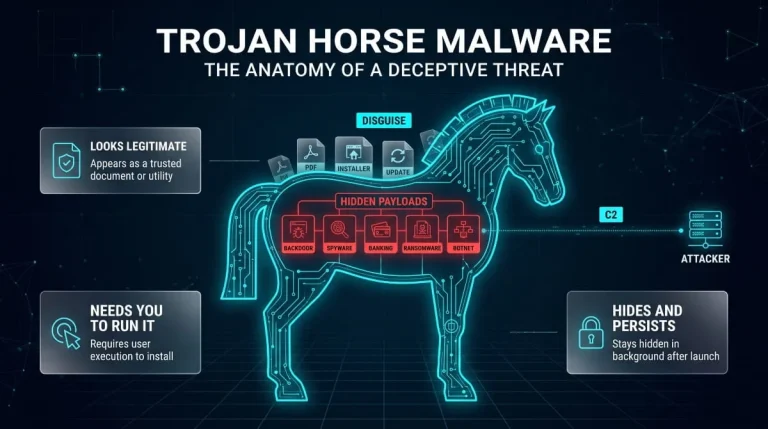 Infographic of a glowing digital Trojan horse showing a disguised file shell hiding backdoor, spyware, banking, ransomware and botnet payloads.