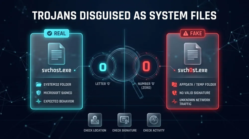Comparison infographic of a real svchost.exe in System32 versus a fake svch0st.exe with no signature, running from AppData.