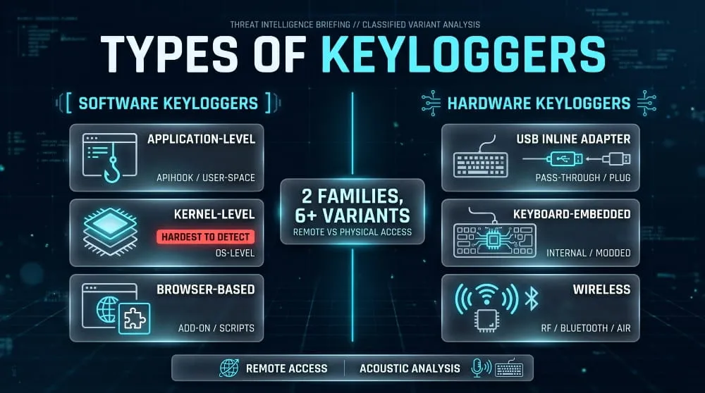 Infographic comparing software keyloggers (application, kernel, browser) with hardware keyloggers (USB, keyboard-embedded, wireless).