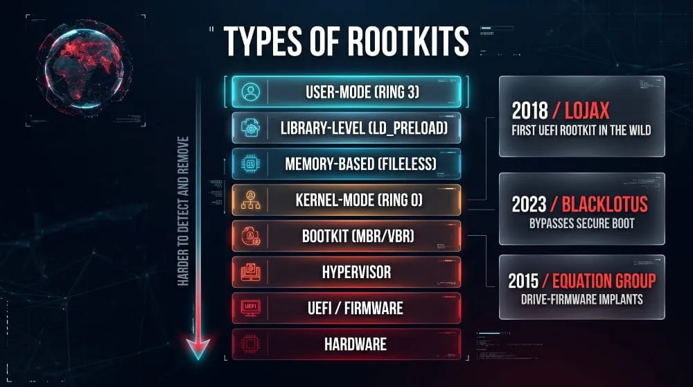 Infographic ladder of rootkit types, from user-mode and kernel-mode to bootkits, UEFI firmware and hardware, ordered by how hard they are to detect.