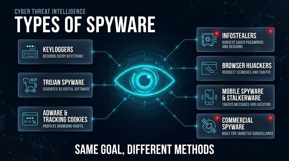 Infographic of seven types of spyware: keyloggers, trojans, adware, infostealers, hijackers, mobile and commercial.