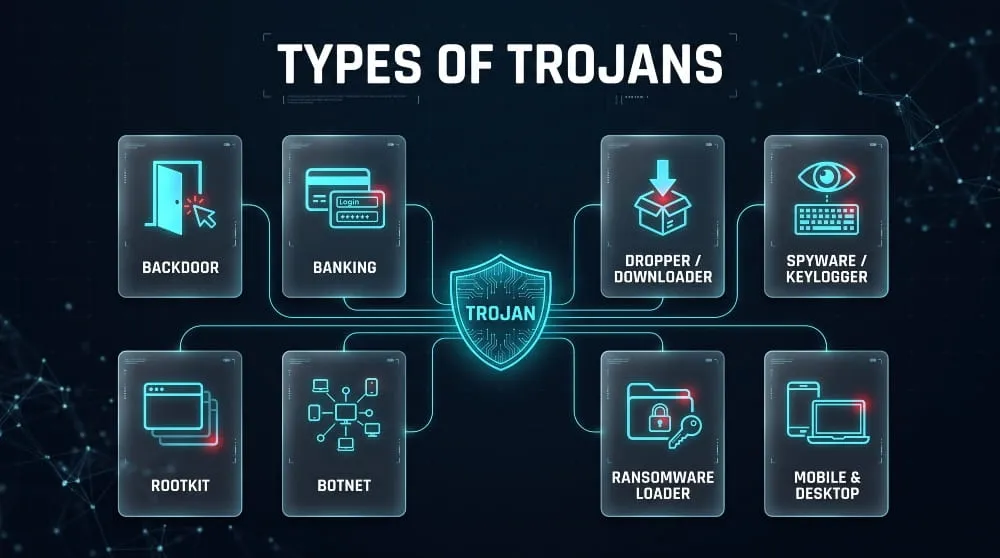 Infographic showing eight types of trojans: backdoor, banking, dropper, spyware, rootkit, botnet, ransomware loader and mobile or desktop.