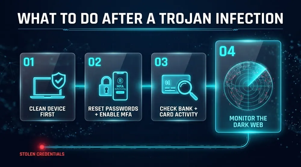 Four-step roadmap for recovering from a trojan infection: clean the device, reset passwords, check bank activity, monitor the dark web.